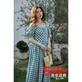 清仓秒杀 夏独特漂亮别致裙子小个子设计感露肩蓝色格纹连衣裙