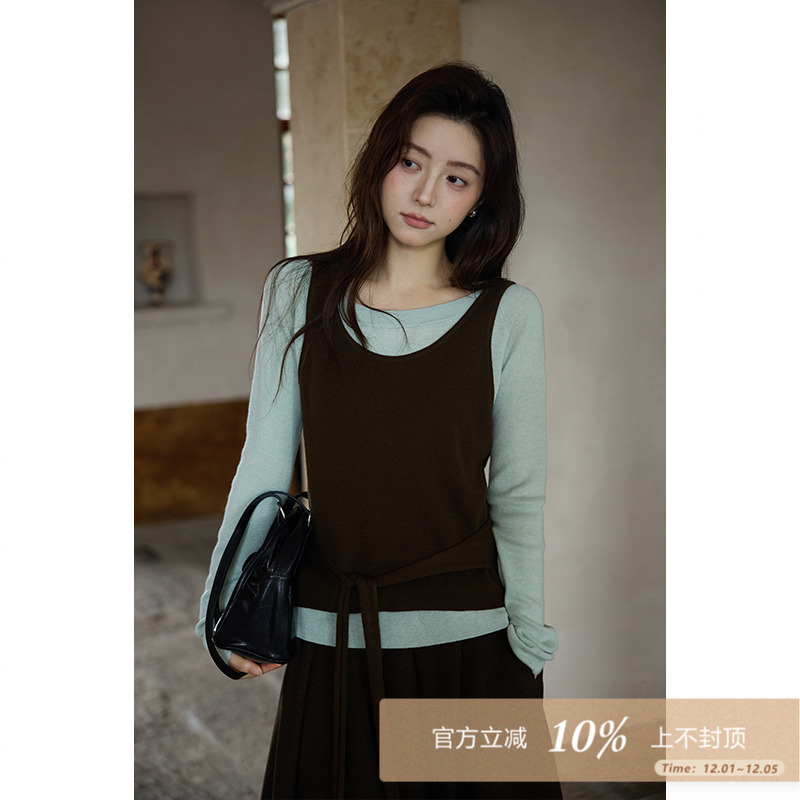 夕蒙2025新款秋韩系时尚洋气上衣修身小众氛围感独特假两件针织衫
