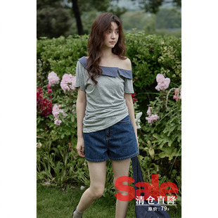 t恤 夏韩系露肩气质上衣设计感小众斜肩格子拼接短袖 清仓秒杀