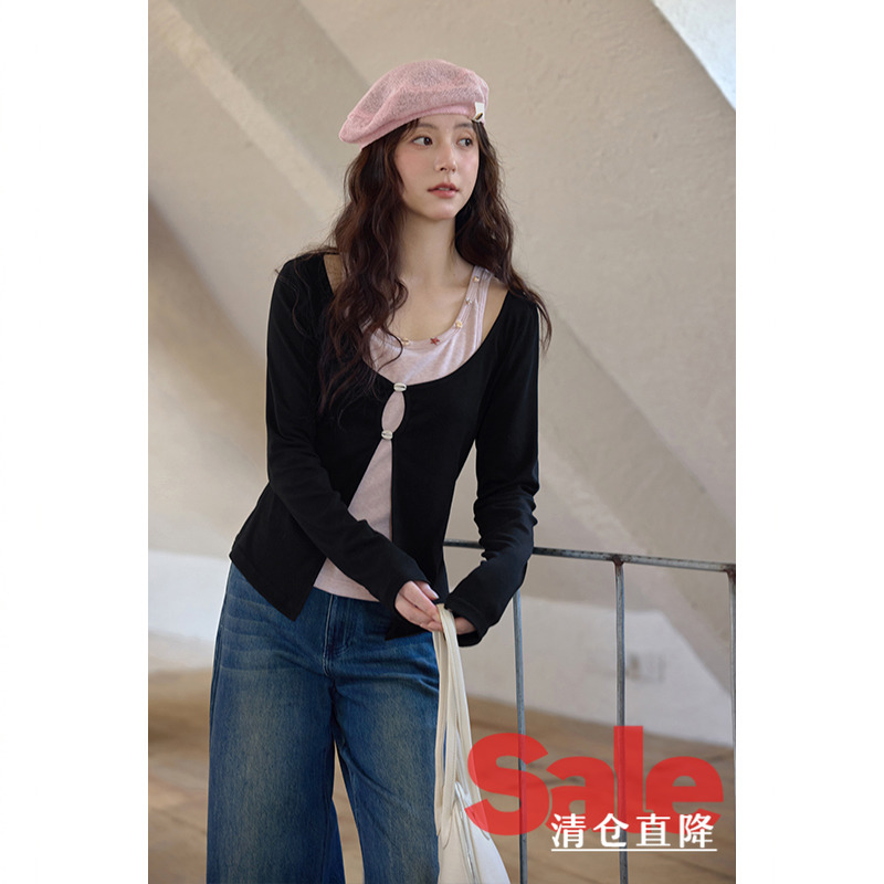 夕蒙2025新款秋季韩系高级感别致上衣设计感假两件修身长袖t恤女