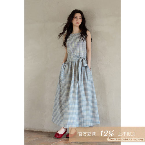 夕蒙2026新款夏季韩系好看裙子收腰蓝色格纹长款无袖背心连衣裙女