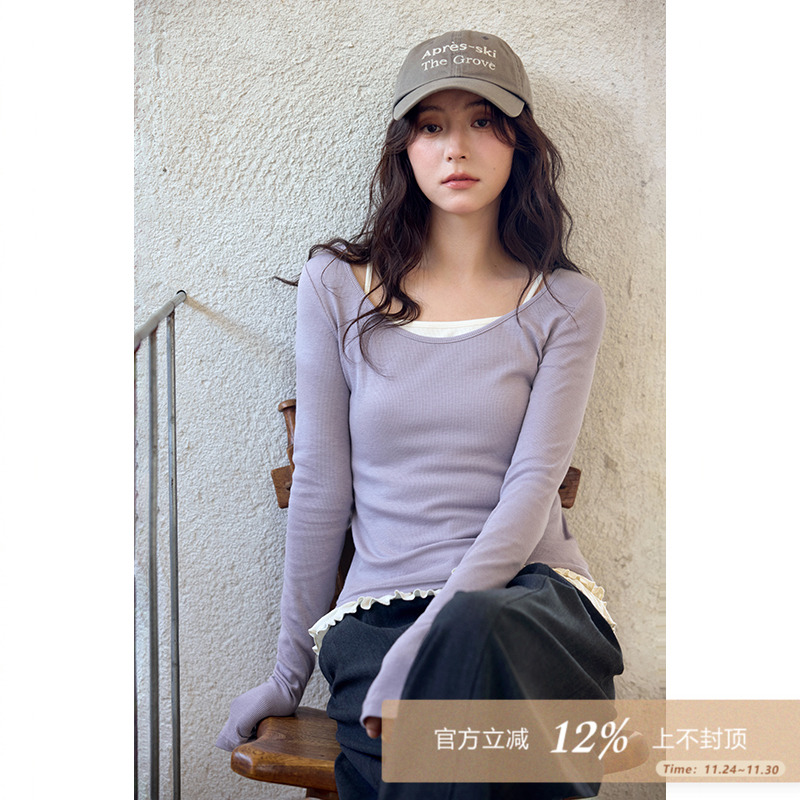 夕蒙2025新款秋季韩系chic别致上衣气质独特小众流行正肩长袖t恤