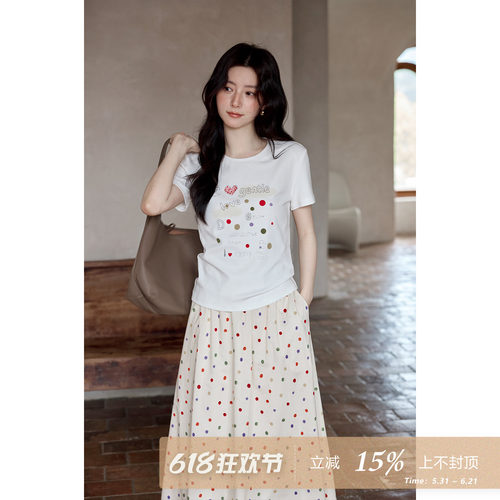 夕蒙2026新款夏季韩系好看上衣原创设计感白色波点正肩短袖t恤女