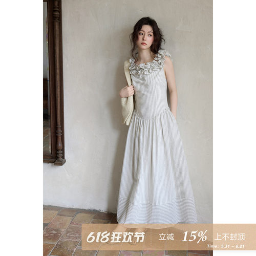夕蒙2026新款夏季韩系漂亮好看斜肩裙子条纹木耳边一字领连衣裙女
