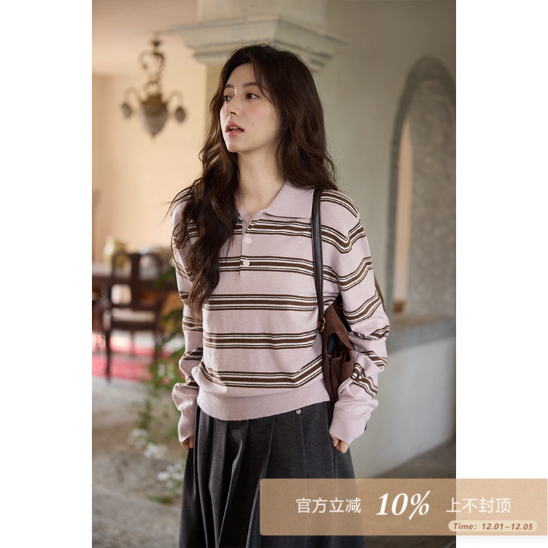 夕蒙2025新款秋韩系时尚洋气气质上衣氛围感小众粉色条纹针织开衫