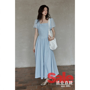 温柔气质裙子绝美小个子高级设计感蓝色连衣裙 夏法式 清仓秒杀