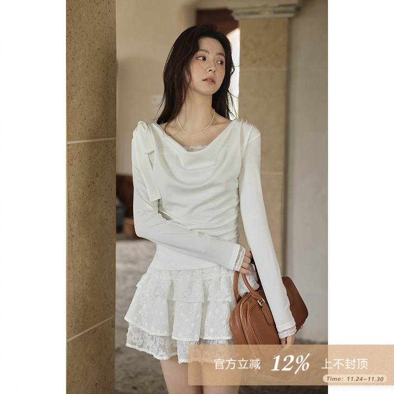 夕蒙2025新款秋季韩系漂亮高级感别致上衣小个子气质蕾丝拼接t恤