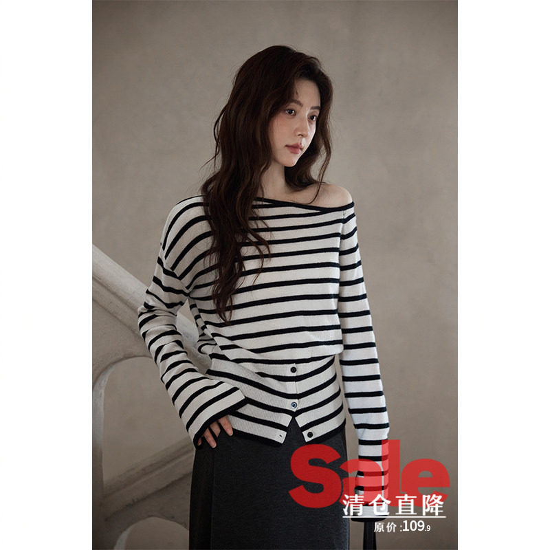 【清仓秒杀】秋韩系气质上衣独特绝美氛围感斜肩黑杏条纹针织衫女