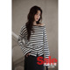 秋韩系气质上衣独特绝美氛围感斜肩黑杏条纹针织衫 清仓秒杀 女