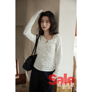 t恤 秋韩系气质高级绝美上衣设计感小众杏色波点长袖 清仓秒杀