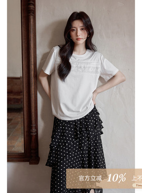 夕蒙2026新款夏季韩系气质上衣松弛宽松白色重工刺绣正肩短袖t恤