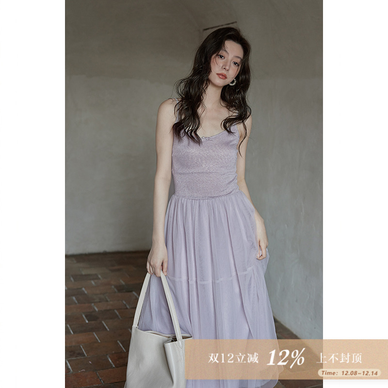 9折/夕蒙2025春夏法式气质裙子纯欲小个子无袖小众吊带紫色连衣裙