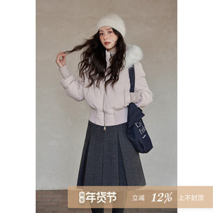 夕蒙2026新款冬季韩系小个子独特绝美保暖毛领连帽粉色羽绒服外套
