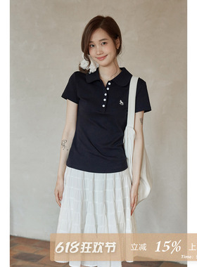 夕蒙2026新款夏季韩系polo上衣气质显瘦藏蓝色刺绣正肩短袖t恤女