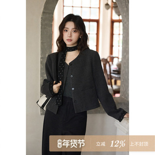 夕蒙2025新款秋冬韩系气质上衣高级感小个子小众短款深灰毛呢外套