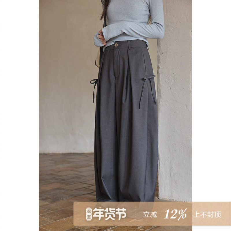 夕蒙2026新款春夏韩系气质裤子蝴蝶结慵懒高级小众灰色阔腿休闲裤,女装/女士精品,休闲裤,淘宝优惠券,粉丝福利购,淘宝优惠卷