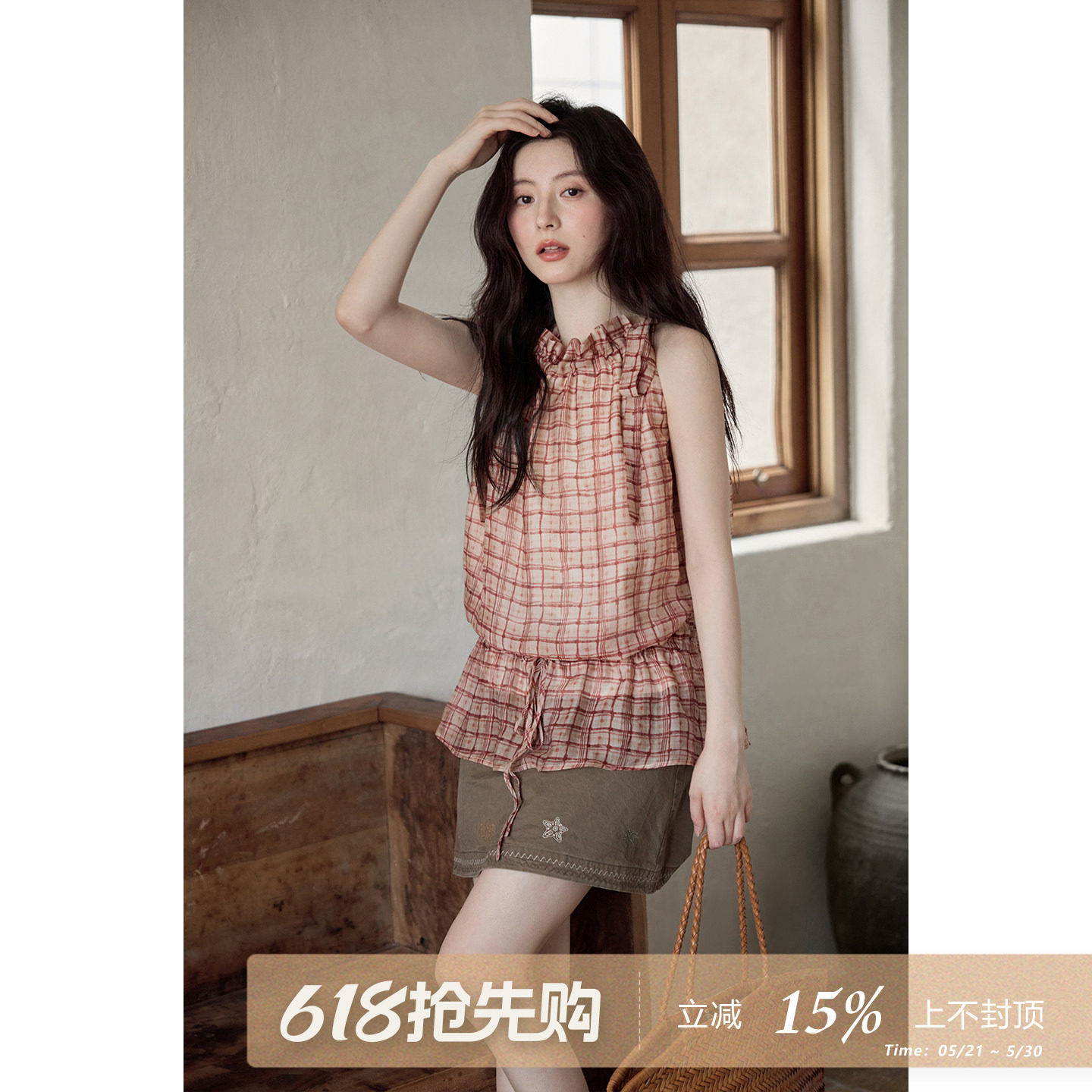 夕蒙2026新款夏季韩系花苞上衣独特抽绳无袖衬衫红色格纹背心小衫