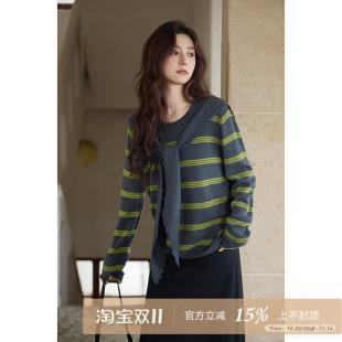 夕蒙2025新款 秋韩系气质上衣小个子独特别致小众条纹灰绿色针织衫