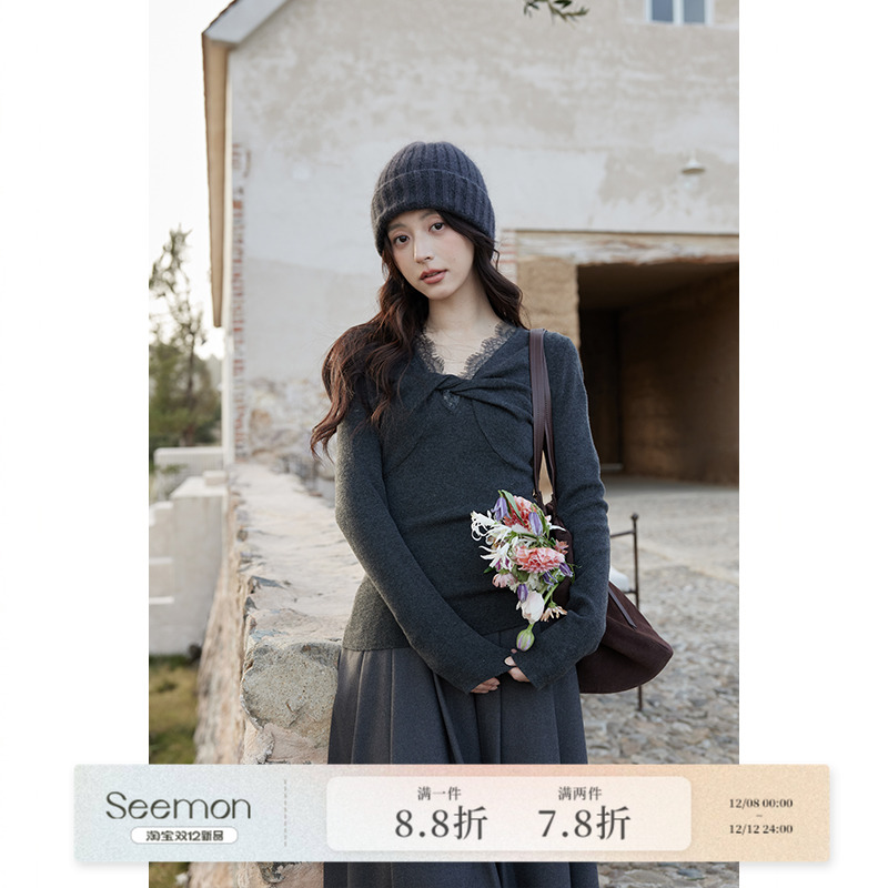 【夕蒙新品】冬季韩系软糯针织上衣设计感独特小个子灰色修身毛衣