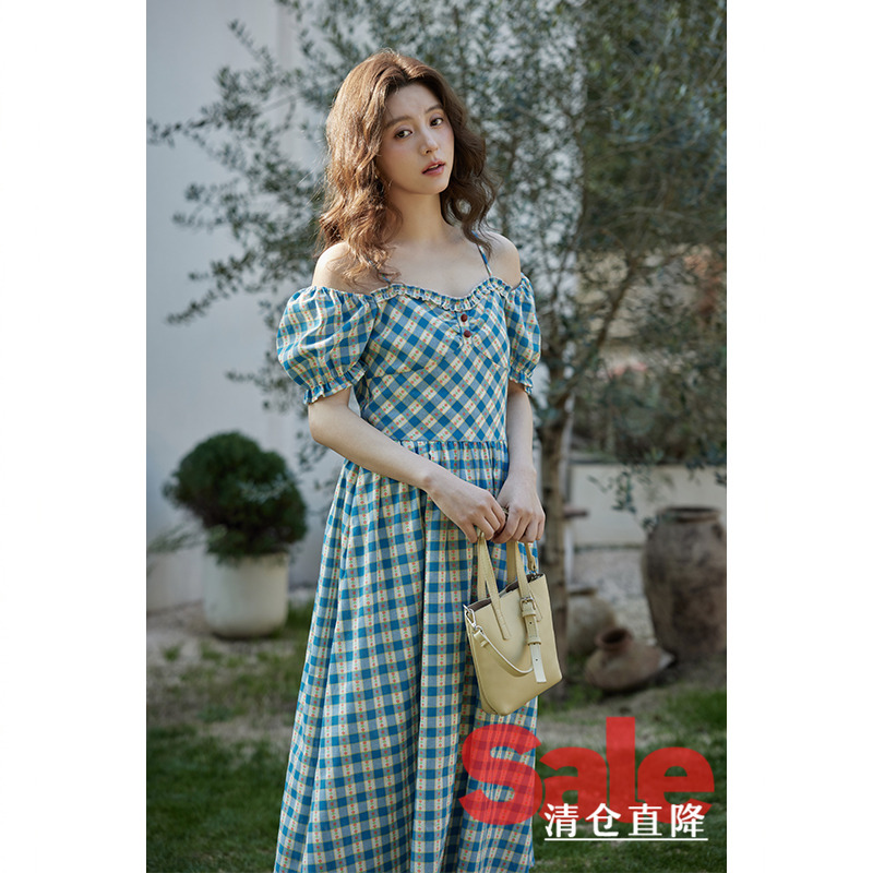 【直降清仓】夏独特漂亮别致裙子小个子设计感露肩蓝色格纹连衣裙