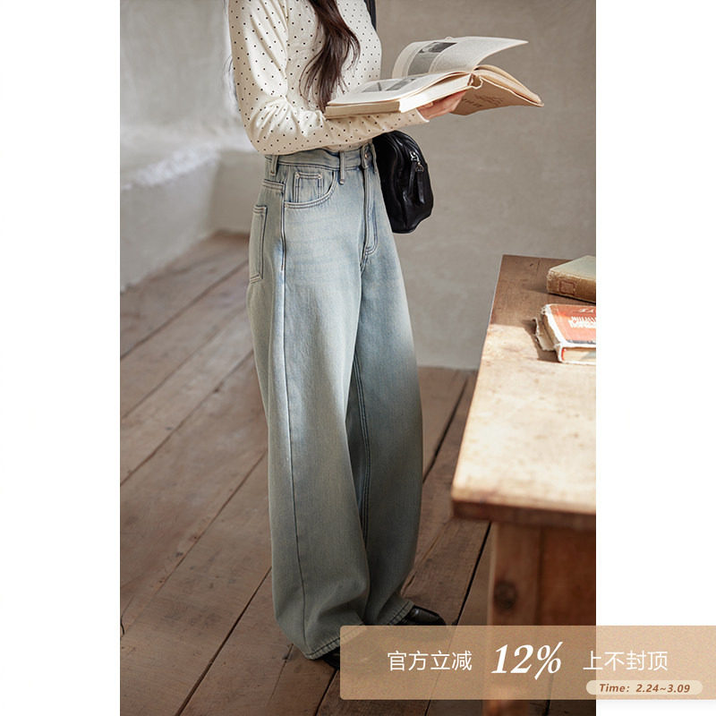 夕蒙2025新款冬季韩系气质裤子宽松阔腿裤小个子浅色加绒牛仔裤女