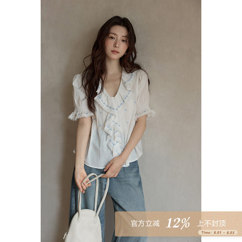 夕蒙2026新款夏季韩系高级好看中袖上衣白色v领蕾丝荷叶边衬衫女