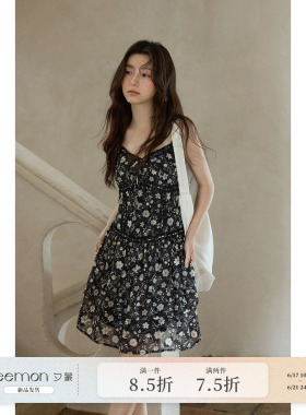 【夕蒙新品】夏季韩系好看裙子海边收腰显瘦黑色碎花吊带连衣裙女