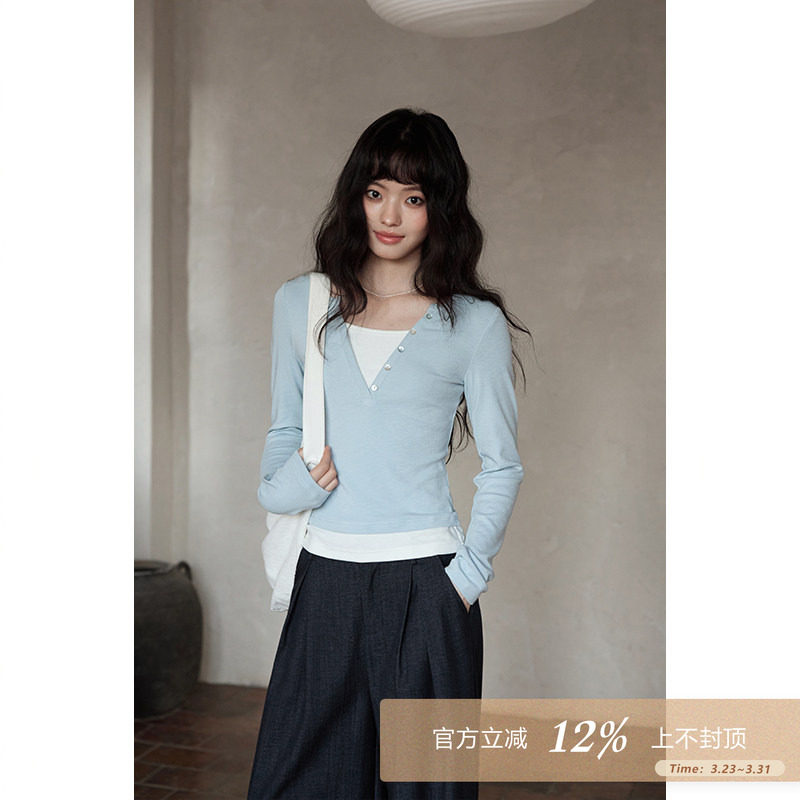夕蒙2026新款春季高级感修身气质上衣小众小个子假两件长袖t恤女