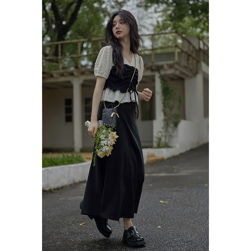 夕蒙2025新款春夏季假两件短袖设计感小众衬衫女法式雪纺短款上衣