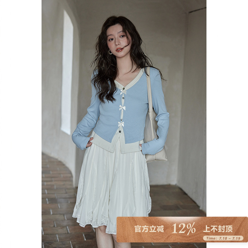 夕蒙2025春秋修身辣妹上衣开衫设计感小个子独特小众假两件t恤女