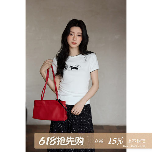 夕蒙2026新款春夏韩系漂亮上衣原创小马印花白色修身正肩短袖t恤
