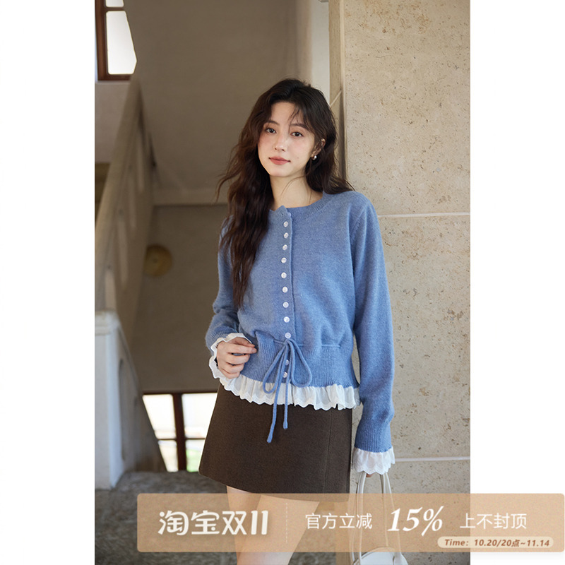 夕蒙2025新款秋冬韩系气质设计感上衣宽松蕾丝拼接慵懒高级感毛衣