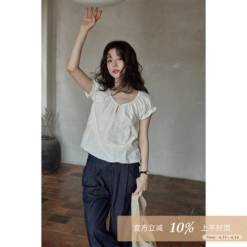 夕蒙2026新款夏法式独特上衣别致减龄小衫小个子小众刺绣短款衬衫
