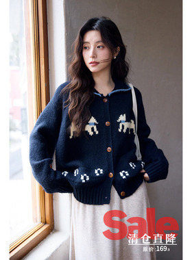 【清仓秒杀】秋冬韩系气质上衣小个子小众慵懒松弛感藏蓝毛衣开衫