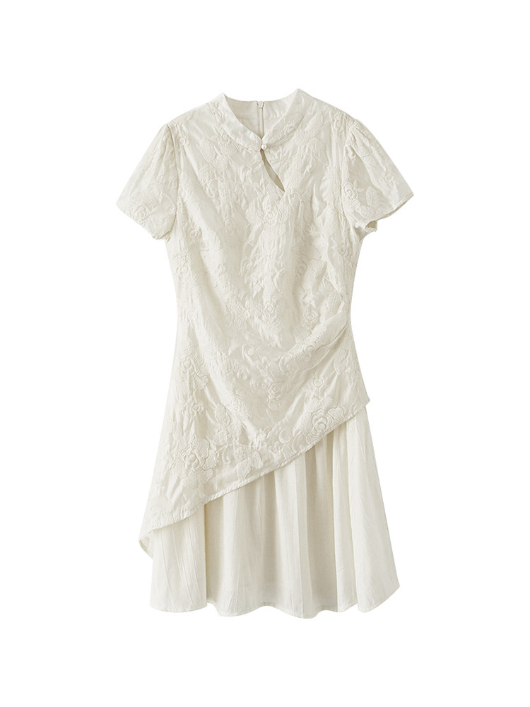 White short-sleeve asymmetrical dress on a plain background