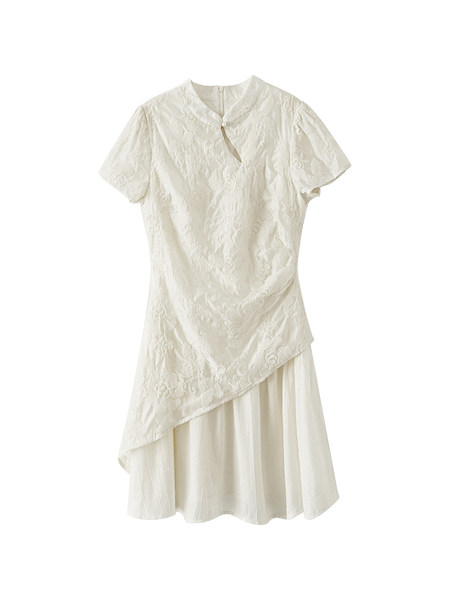 White short-sleeve asymmetrical dress on a plain background