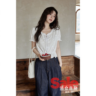 系带蕾丝白色短袖 夏韩系气质上衣小个子减龄短款 衬衫 清仓秒杀