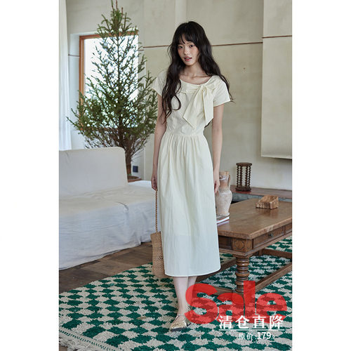 【清仓秒杀】夏韩系气质裙子小个子收腰高级蝴蝶结领短袖连衣裙女