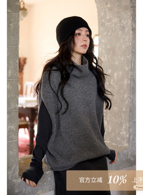 夕蒙2025新款冬季韩系针织衫宽松慵懒风独特高级感高领马甲毛衣女