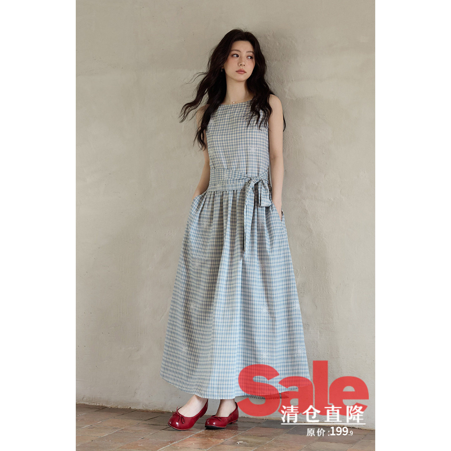 【夏末清仓】夏季韩系好看裙子收腰蓝色格纹长款无袖背心连衣裙女图片