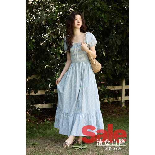 【夏末清仓】夏季韩系气质漂亮裙子收腰蓝色碎花方领泡泡袖连衣裙