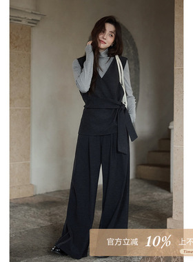 夕蒙2025新款秋韩系气质小众绝美减龄独特别致内搭上衣裤子三件套