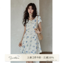 上新2件9折/夏韩系气质裙子设计感小个子独特绝美杏色印花连衣裙