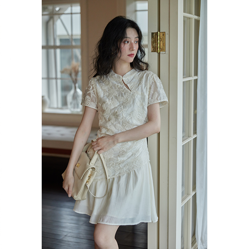 夕蒙2025新款夏季短袖假两件新中式不规则小个子国风气质连衣裙女
