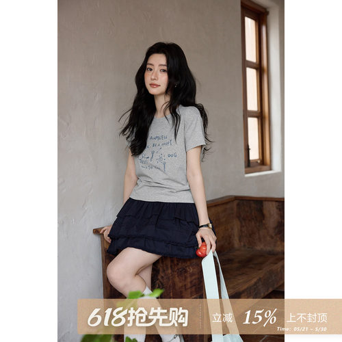夕蒙2026新款春夏韩系独特上衣原创设计灰色圆领掐腰修身短袖t恤