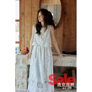 夏韩系气质裙子小个子设计感小众拼接白色镂空连衣裙 清仓秒杀