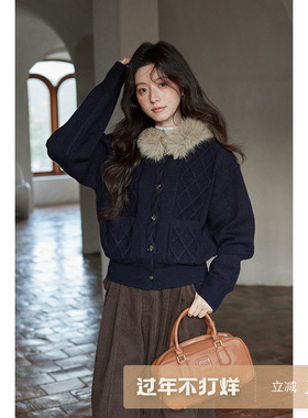 夕蒙2025新款冬季韩系设计感小个子软糯慵懒小众藏蓝毛领开衫毛衣