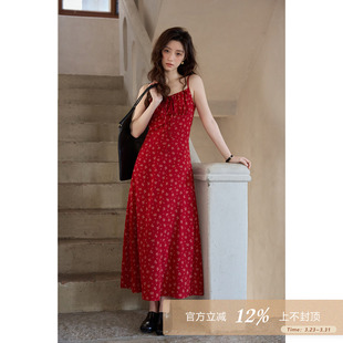 夕蒙2026新款 韩系气质裙子小个子小众独特碎花红色吊带连衣裙 春季