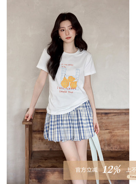 夕蒙2026新款夏季韩系好看上衣原创设计印花白色圆领正肩短袖t恤
