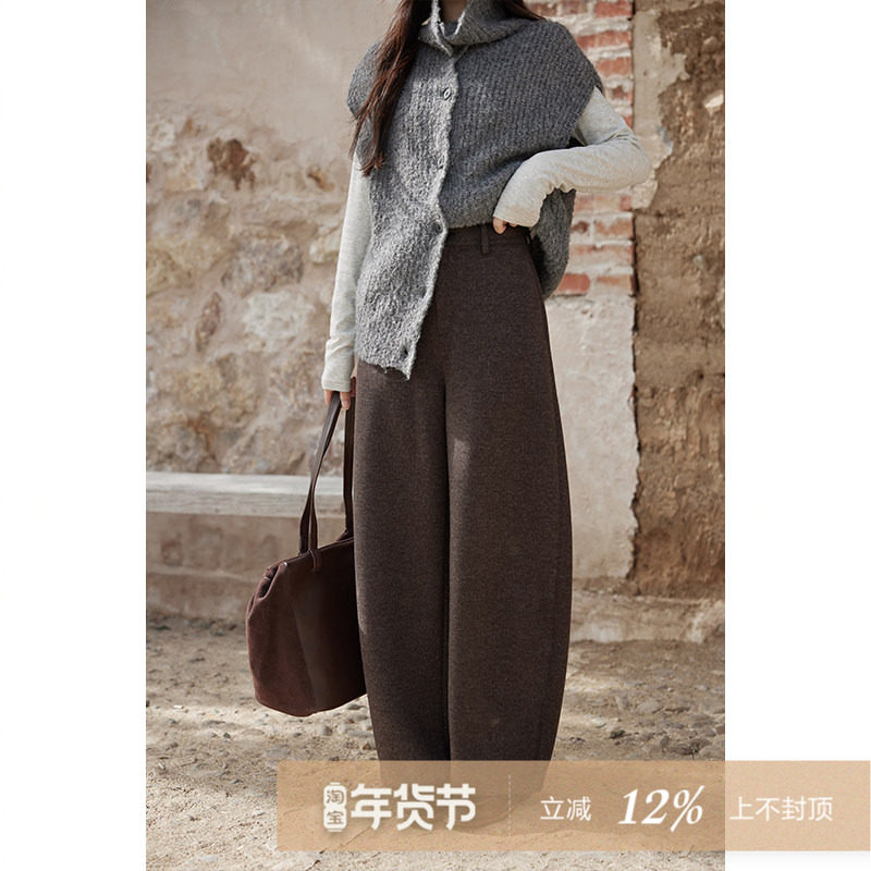 夕蒙2025新款冬季韩系裤子独特高腰阔腿裤流行小个子咖色弯刀裤女,女装/女士精品,休闲裤,淘宝优惠券,粉丝福利购,淘宝优惠卷